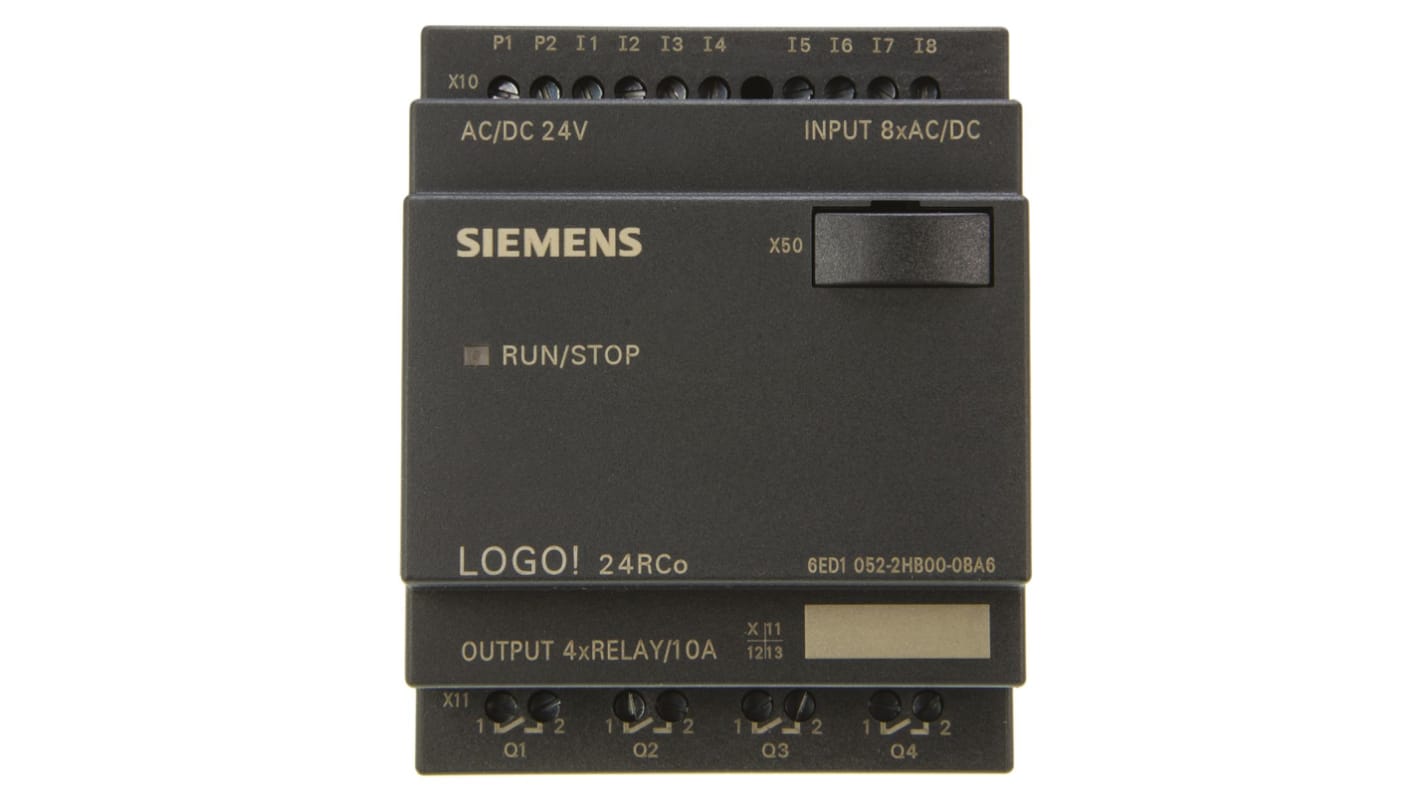 Modulo logico Siemens 6ED1052-2HB00-0BA6, 8 ingressi digitali, 4 uscite relè, montaggio su guida DIN, dimensioni 72 x 90 x 55 mm.