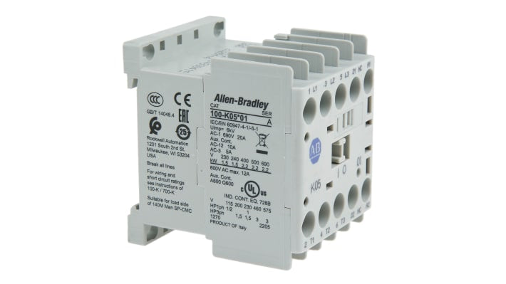 Contattore Allen Bradley 100-K05DJ01, 3 poli, 1NC, 5A, 2,2 kW, 24V c.c. per controllo motori. Compatto e affidabile per spazi limitati.
