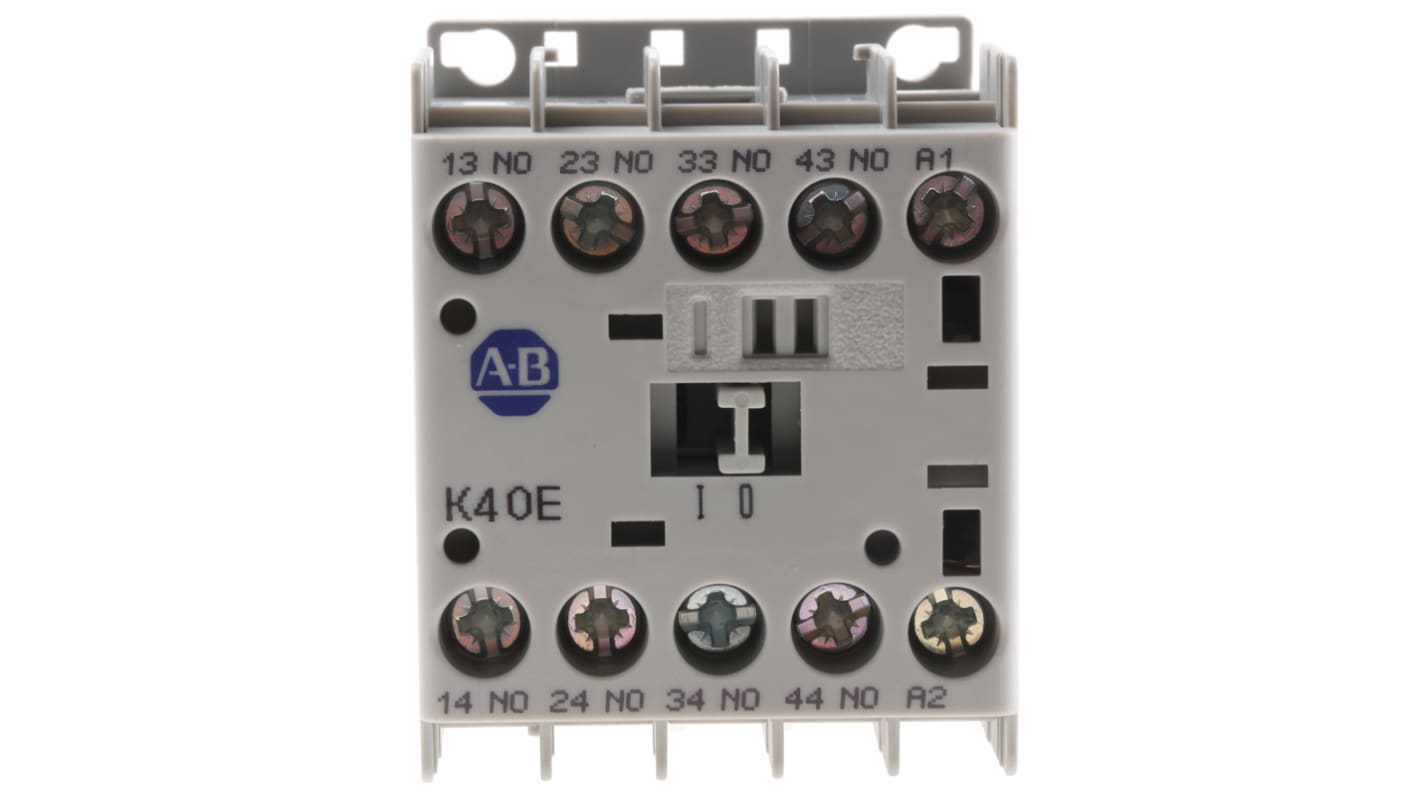 Contattore Allen Bradley 700-K40E-ZJ, 4 poli, 10 A, bobina 24 V c.c., montaggio su guida DIN, dimensioni 44.9 x 108.2 x 78.7 mm.