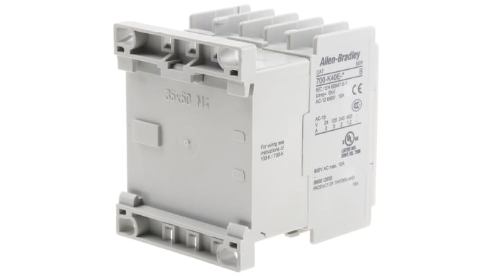 Contattore Allen Bradley 700-K40E-ZJ, 4 poli, 10 A, bobina 24 V c.c., montaggio su guida DIN, dimensioni 44.9 x 108.2 x 78.7 mm.