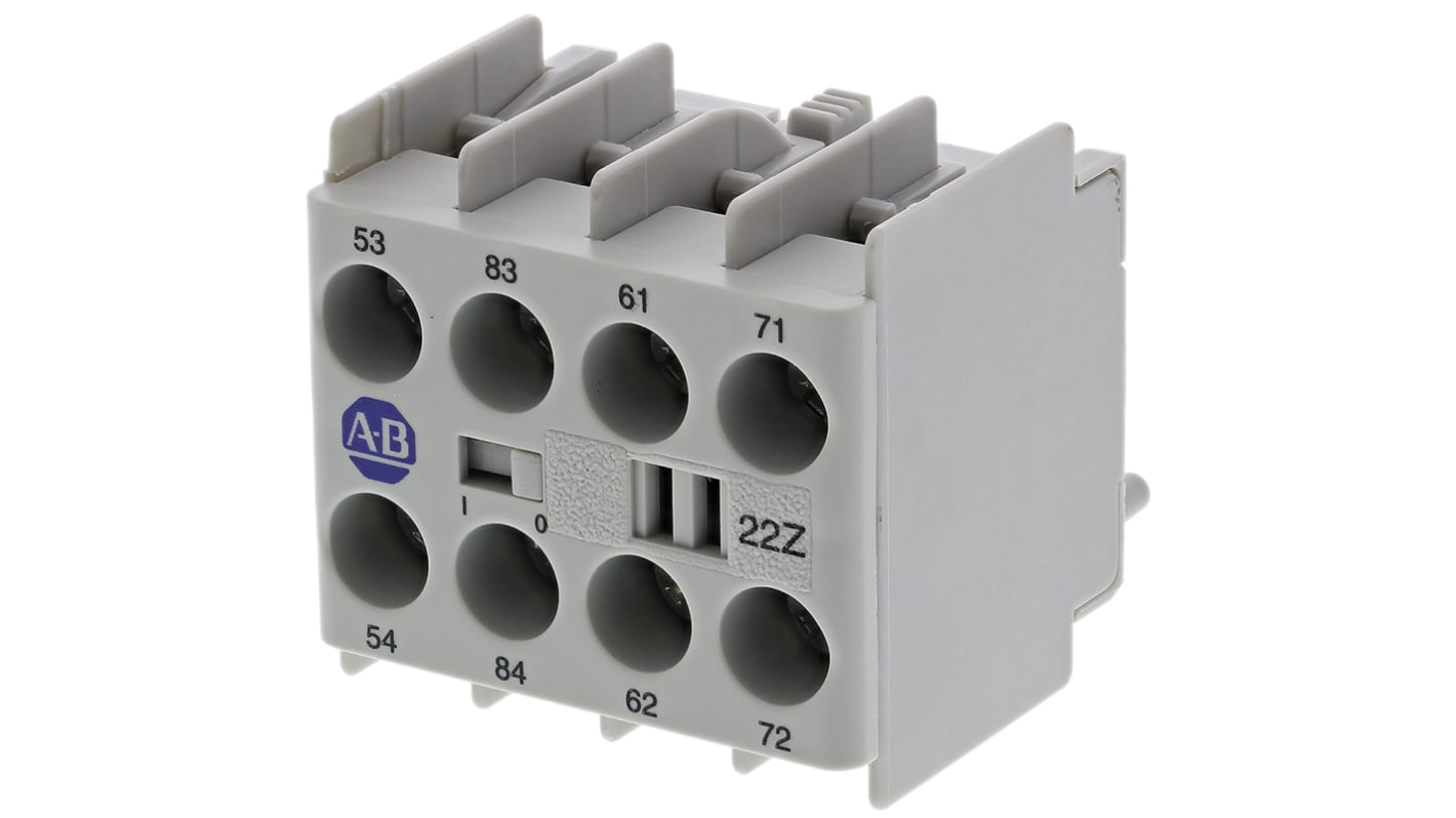 Allen Bradley 100-KFA22Z, modulo contatti ausiliari 4PST, 2NC + 2NO, montaggio a innesto, -25 a +60 °C. Certificato RoHS, IEC, CSA, UL.