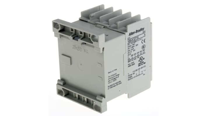 Contattore Allen Bradley 100-K12DJ10, 3 Poli, 12A, 5,5 kW, 24V c.c. per controllo motori industriali. Compatto e affidabile, certificato CE e cULus.