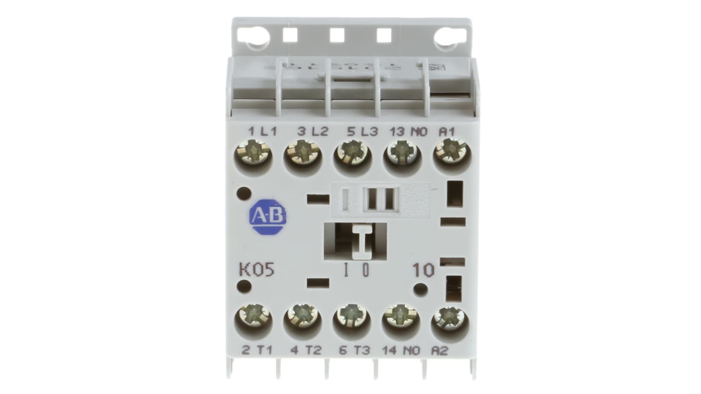 Contattore miniaturizzato 3 poli 5A 2,2 kW 24V c.c. Allen Bradley 100-K05ZJ10 per applicazioni industriali, compatto e affidabile.