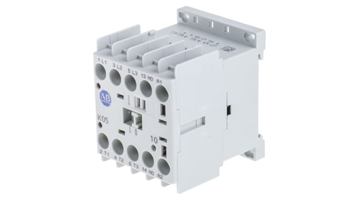 Contattore miniaturizzato 3 poli 5A 2,2 kW 24V c.c. Allen Bradley 100-K05ZJ10 per applicazioni industriali, compatto e affidabile.