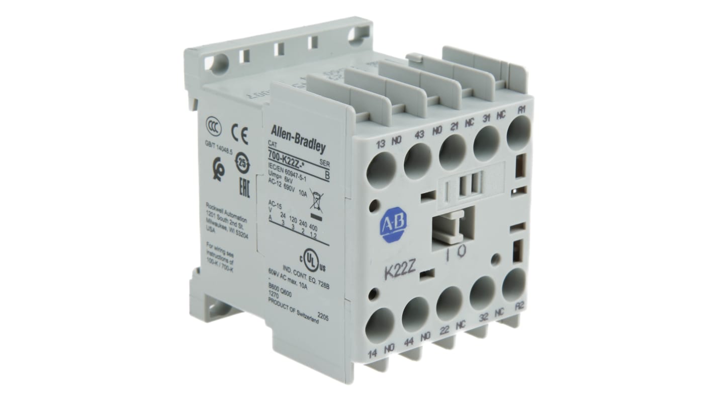 Contattore Allen Bradley 700-K22Z-KF, 4 poli, 10 A, bobina 230 V c.a., montaggio su guida DIN, dimensioni 108,2 x 44,9 x 78,7 mm.