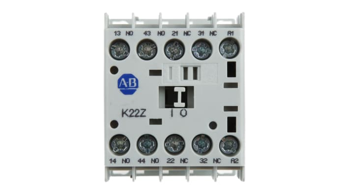 Contattore Allen Bradley 700-K22Z-KF, 4 poli, 10 A, bobina 230 V c.a., montaggio su guida DIN, dimensioni 108,2 x 44,9 x 78,7 mm.