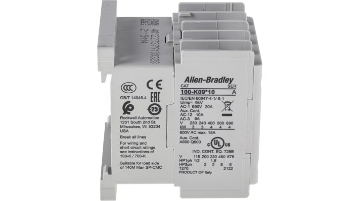 Contattore miniaturizzato Allen Bradley 100-K09DJ10, 24V c.c., 9A per controllo motori. Dimensioni compatte, sicurezza e affidabilità. Ideale per applicazioni industriali.