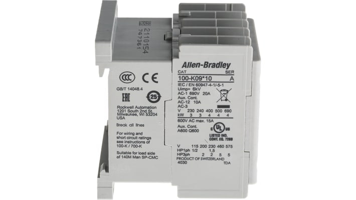 Contattore Allen Bradley 100-K09KF10, 3 poli, 9 A, bobina 230 V, montaggio su guida DIN, dimensioni 50 x 45 x 53 mm.