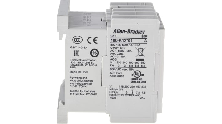 Contattore Allen Bradley 100-K12DJ01, 3 poli, 12 A, 24 V c.c., montaggio su guida DIN, dimensioni 50 x 45 x 53 mm.
