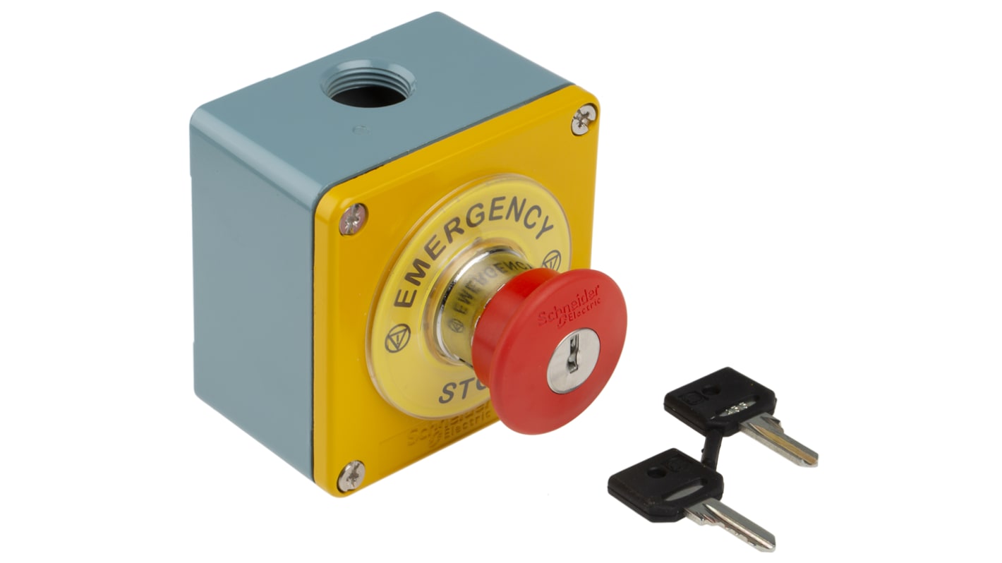 Pulsante di controllo Schneider Electric, serie Harmony XAP, arresto di emergenza, IP65, montaggio a pannello, 80 x 80 x 51 mm.