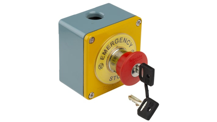 Pulsante di controllo Schneider Electric, serie Harmony XAP, arresto di emergenza, IP65, montaggio a pannello, 80 x 80 x 51 mm.