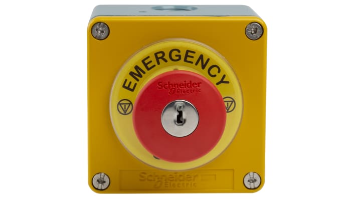 Pulsante di controllo Schneider Electric, serie Harmony XAP, arresto di emergenza, IP65, montaggio a pannello, 80 x 80 x 51 mm.