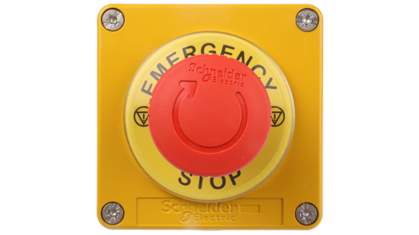 Stazione di controllo Schneider Electric, pulsante di emergenza giallo, montaggio a pannello, IP65, dimensioni 80x80x51mm.