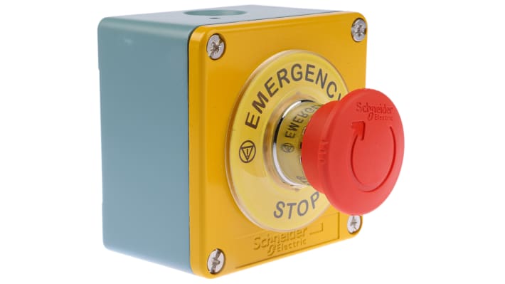 Stazione di controllo Schneider Electric, pulsante di emergenza giallo, montaggio a pannello, IP65, dimensioni 80x80x51mm.