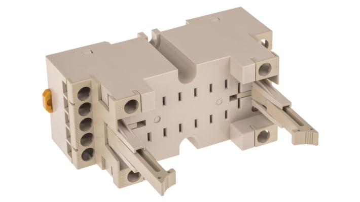 Zoccolo femmina Omron P7S14FEND per relè G7S, 24V cc, 10A, montaggio su guida DIN, dimensioni 90,5 x 40 x 80 mm.