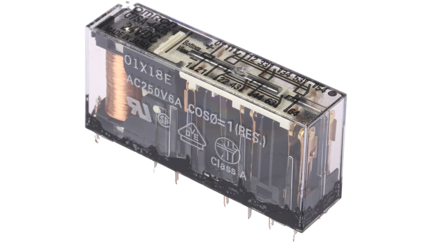 Relè a forza guidata Omron G7SA-4A2B, 4PST DPST, 24V cc, montaggio su PCB, dimensioni 50mm x 24mm x 13mm.