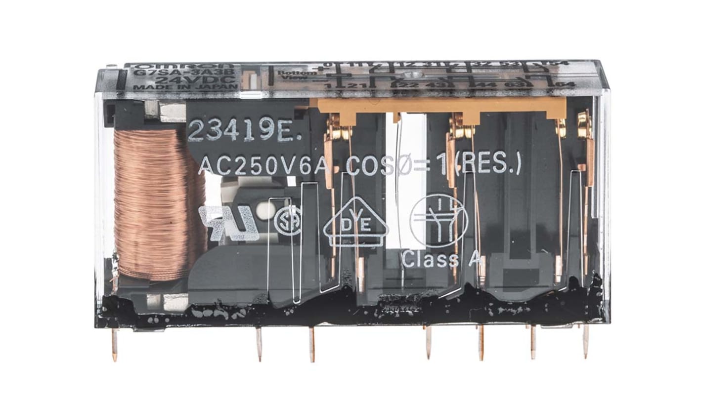 Relè a guida di forza Omron G7SA-3A3B, 24V cc, 6 poli, 3PDT, montaggio su PCB, dimensioni 50mm x 13mm x 24mm.