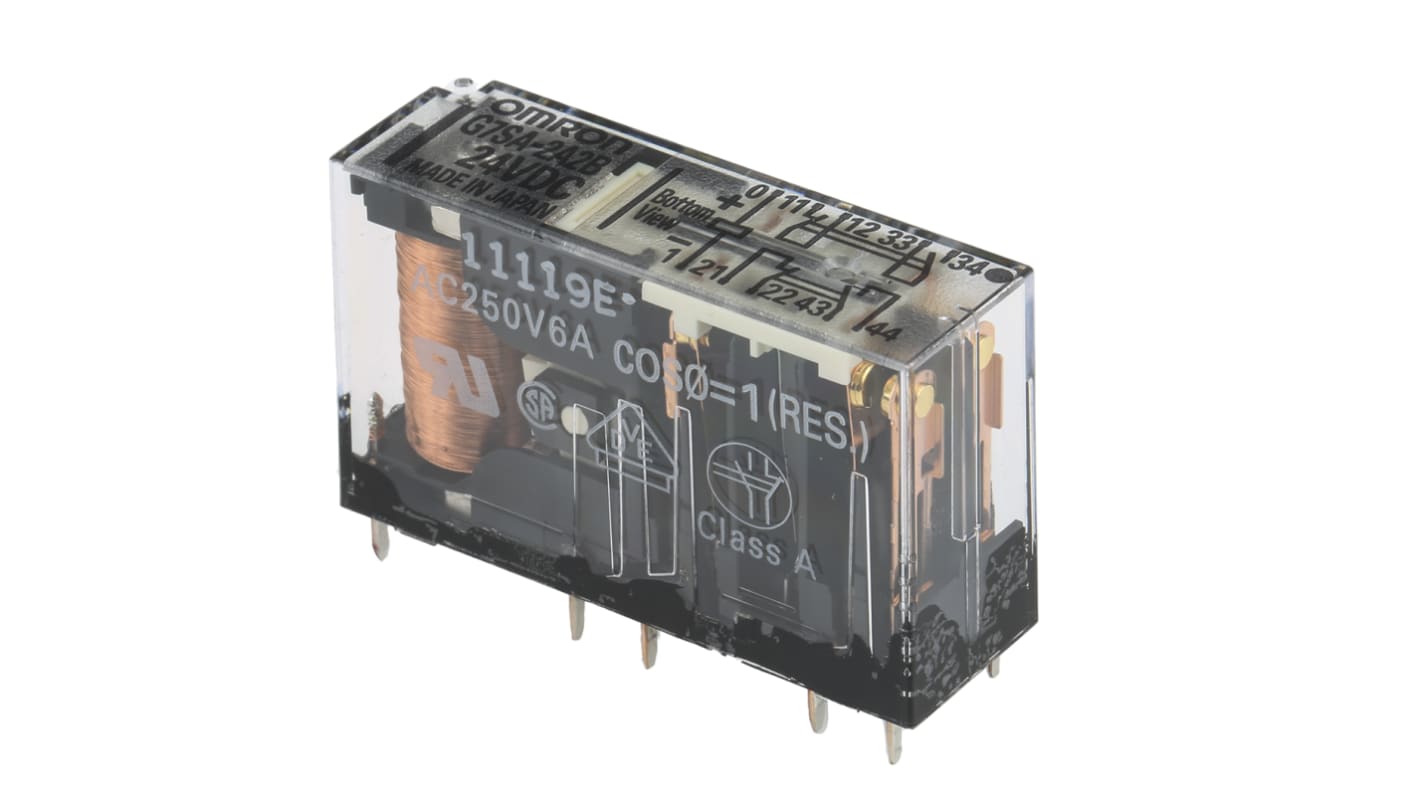 Relè a contatti guidati Omron G7SA-2A2B, 24V cc, 4 poli DPDT, montaggio su circuito stampato, dimensioni 40mm x 24mm x 13mm.
