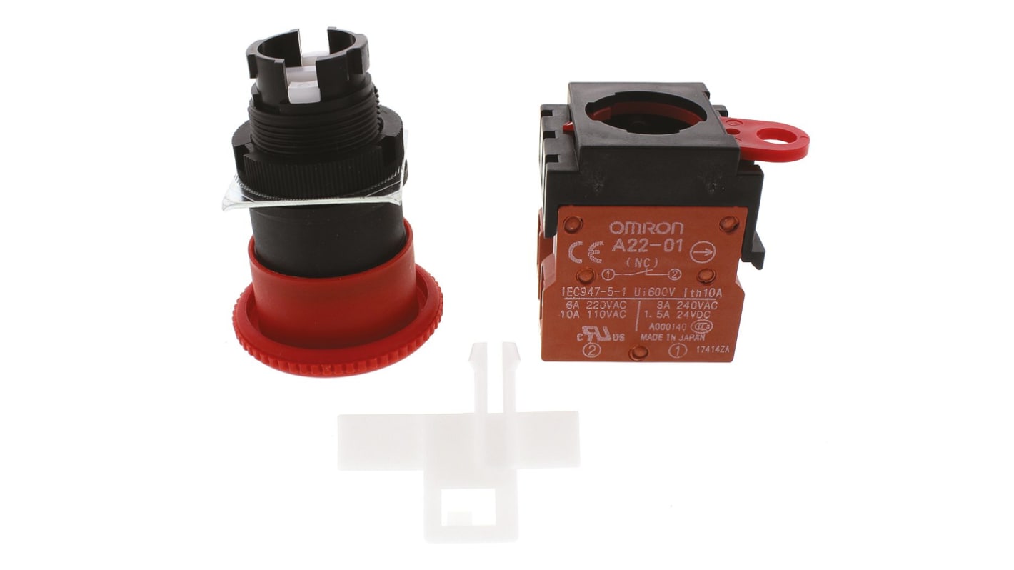 Pulsante di arresto di emergenza Omron A22E-M-02, testa rotonda rossa, montaggio a pannello, IP65, 10A, 440VAC.