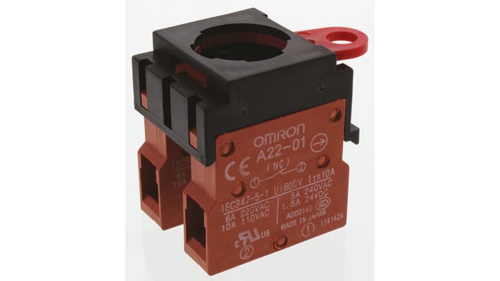 Pulsante di arresto di emergenza Omron A22E-M-02, testa rotonda rossa, montaggio a pannello, IP65, 10A, 440VAC.