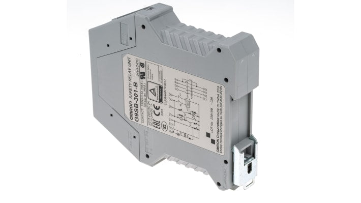 Relè di sicurezza Omron G9SB-301-B, 24V, 2 canali, montaggio su guida DIN, dimensioni 22,5 x 100 x 112 mm.