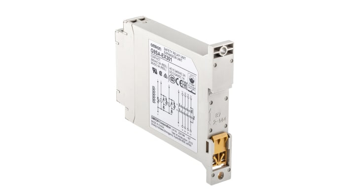 Modulo relè di sicurezza Omron G9SA-EX301, 24 V c.c., 3 NA/1 NC, montaggio su guida DIN, dimensioni 76 x 17,5 x 111 mm.