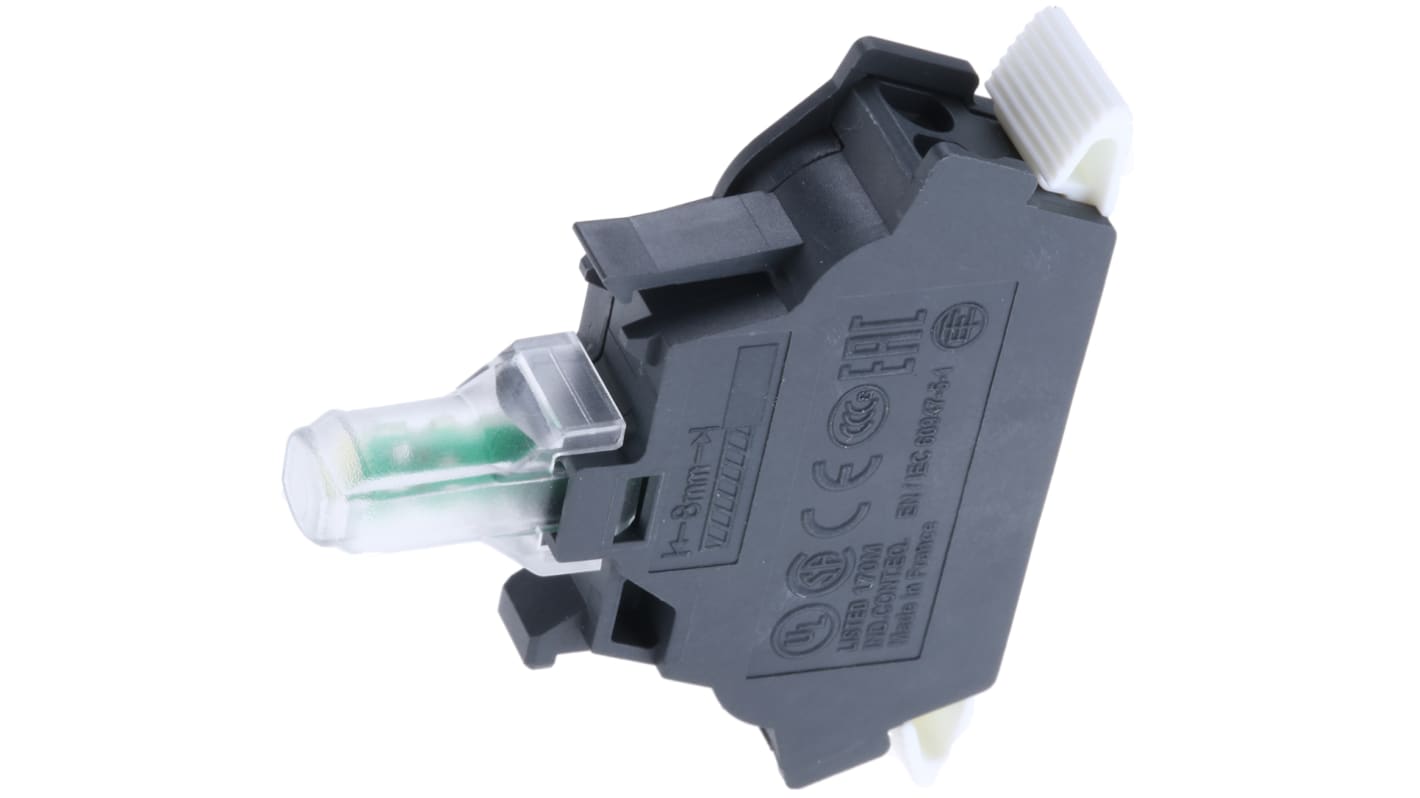 Blocco contatti luminoso LED bianco Schneider Electric ZBVB15, tensione 24V, corrente 18mA, grado di protezione IP20.
