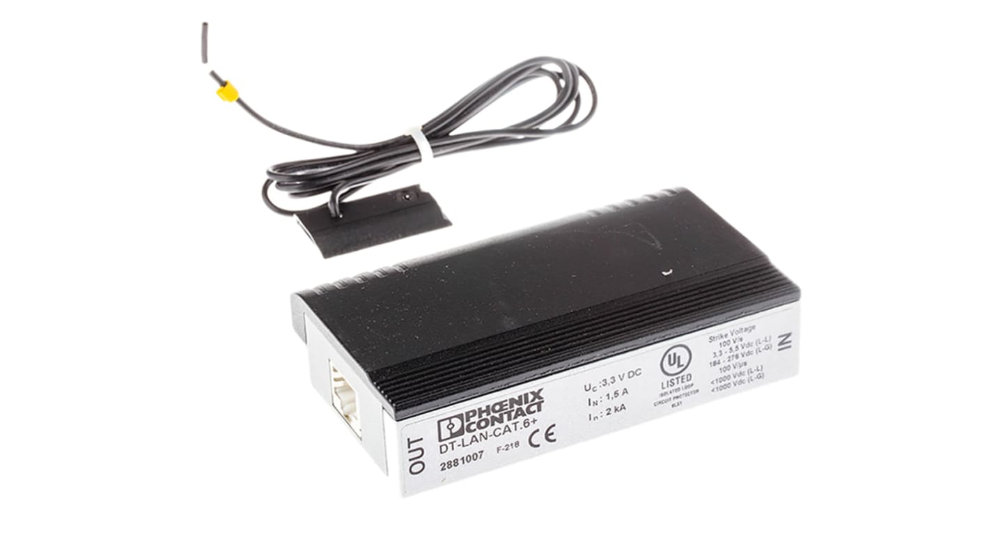 Adattatore Phoenix Contact 2881007, modulo di protezione RJ45 per sovratensioni, montaggio su guida DIN, dimensioni 25 x 102 x 63,5 mm.