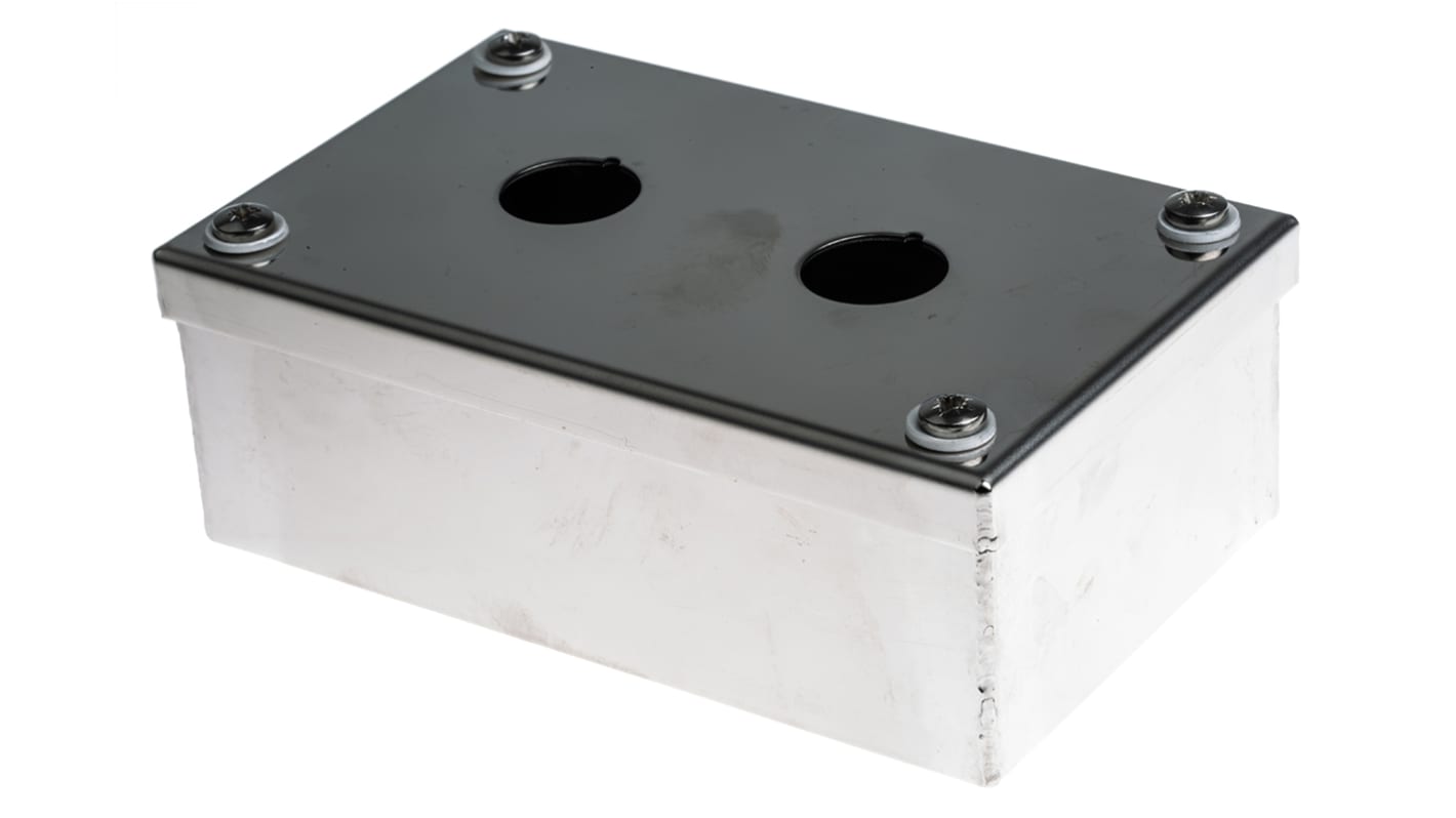 Scatola per pulsante ABB in acciaio inox, IP65, 152 x 92 x 55 mm, con 2 fori da 22 mm, per applicazioni industriali.