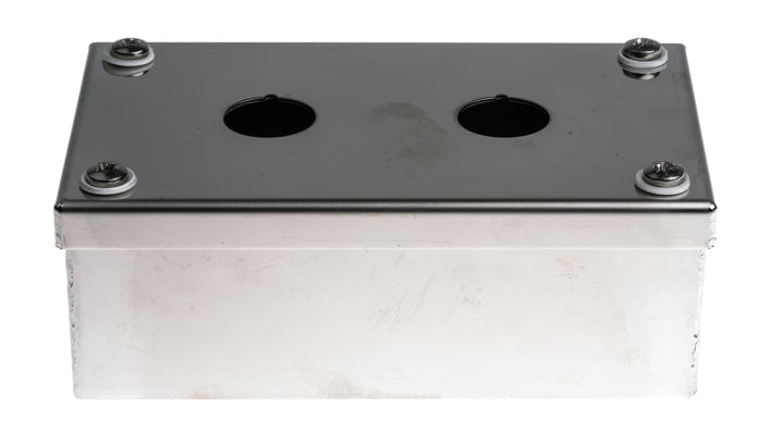 Scatola per pulsante ABB in acciaio inox, IP65, 152 x 92 x 55 mm, con 2 fori da 22 mm, per applicazioni industriali.