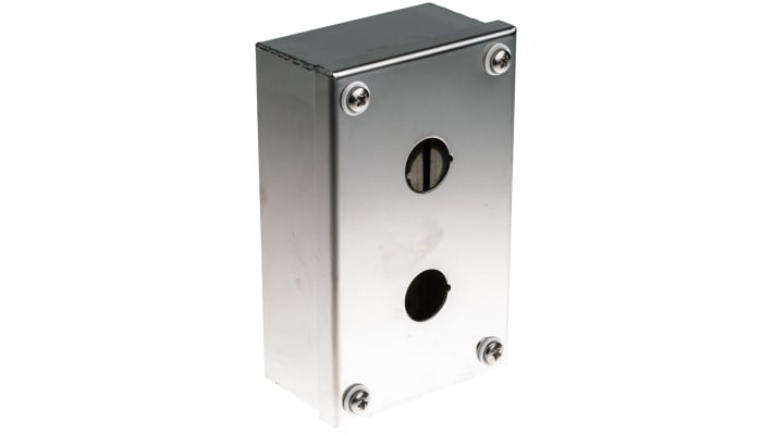 Scatola per pulsante ABB in acciaio inox, IP65, 152 x 92 x 55 mm, con 2 fori da 22 mm, per applicazioni industriali.