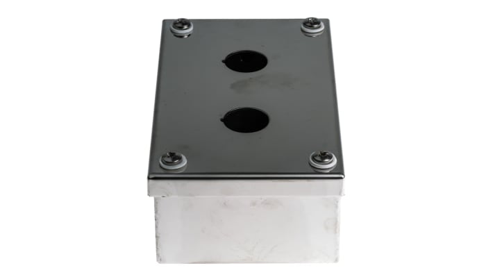 Scatola per pulsante ABB in acciaio inox, IP65, 152 x 92 x 55 mm, con 2 fori da 22 mm, per applicazioni industriali.