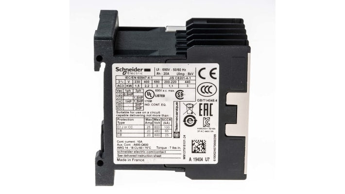 Contattore Schneider Electric LC1K0610U7, 3 poli, 6 A, bobina 230 V, montaggio su guida DIN, dimensioni 58x45x57 mm.