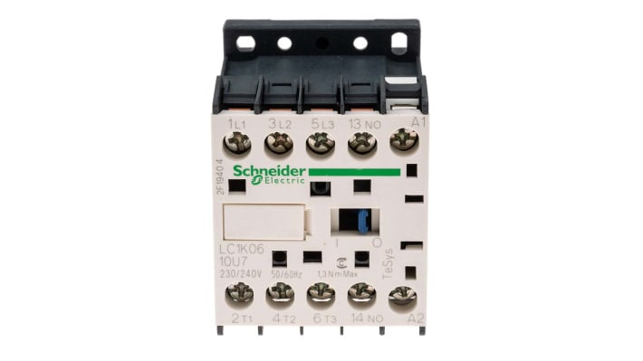 Contattore Schneider Electric LC1K0610U7, 3 poli, 6 A, bobina 230 V, montaggio su guida DIN, dimensioni 58x45x57 mm.
