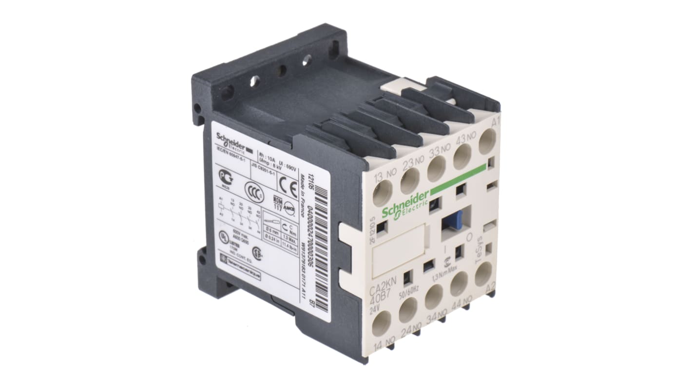 Contattore Schneider Electric CA2KN40B7 Serie TeSys K, 4NO, 10A - Ideale per automazione industriale con basso consumo energetico e alta affidabilità.