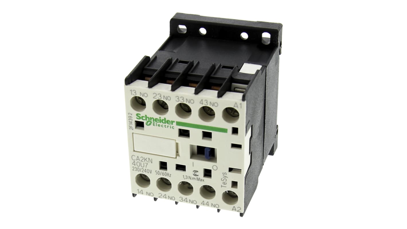 Contattore Schneider Electric CA2KN40U7, 4NO, 10 A, montaggio su guida DIN, dimensioni 58x45x57 mm, grado di protezione IP2x.