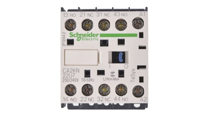 Contattore Schneider Electric CA2KN22U7, 2 NO + 2 NC, 10 A, montaggio su guida DIN, dimensioni 45x58x57 mm, grado di protezione IP2x.