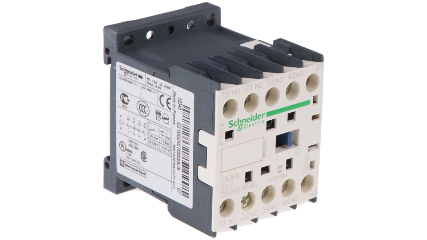 Contattore Schneider Electric CA2KN31U7, 3NO + 1NC, 10 A, montaggio su guida DIN, dimensioni 45x58x57 mm, grado di protezione IP2x.
