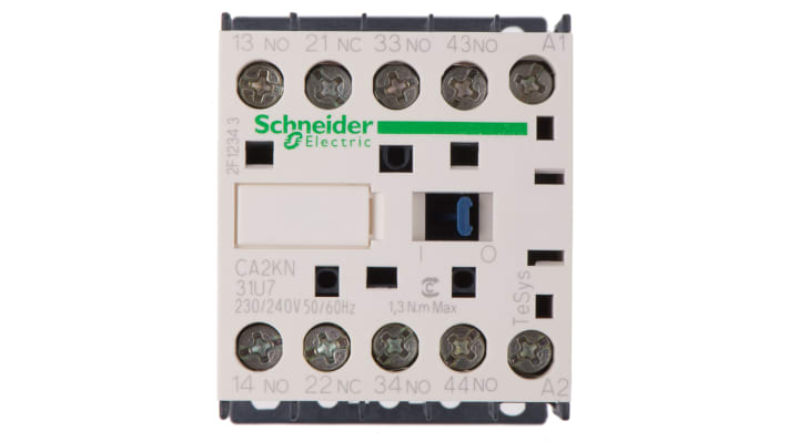 Contattore Schneider Electric CA2KN31U7, 3NO + 1NC, 10 A, montaggio su guida DIN, dimensioni 45x58x57 mm, grado di protezione IP2x.