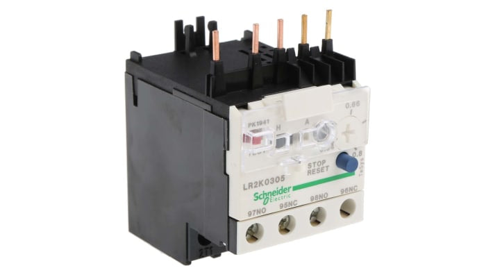 Relè di sovraccarico termico Schneider Electric LR2K0305, 1 NO + 1 NC, montaggio diretto, dimensioni 45x116x65 mm.