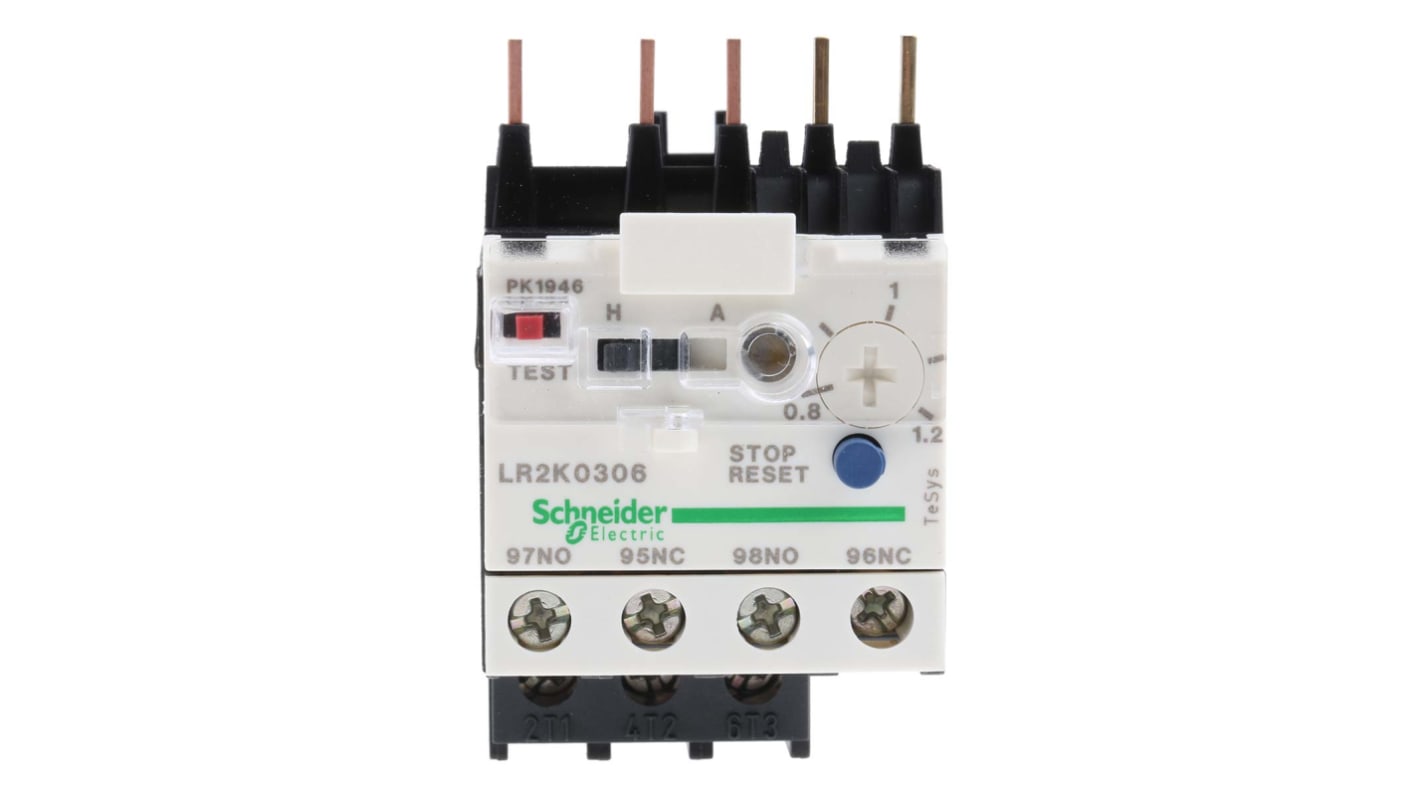 Relè di sovraccarico termico miniaturizzato Schneider Electric LR2K0306: 1 NO + 1 NC, 0,8-1,2 A, protezione motore.
