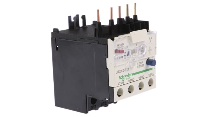 Relè termico miniaturizzato Schneider Electric LR2K0312, 5,5A, montaggio diretto su contattore. Protezione motore con reset automatico e manuale. Certificazioni internazionali.