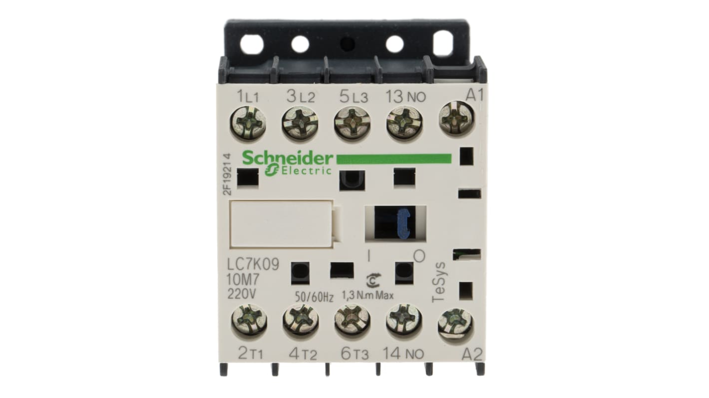 Contattore Schneider Electric LC7K0910M7, 3 poli, 3 contatti NA, 9 A, 230 V, dimensioni 58x45x57 mm, con soppressore di transistori.