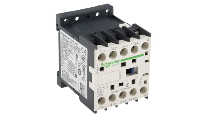 Contattore Schneider Electric LC7K0910M7, 3 poli, 3 contatti NA, 9 A, 230 V, dimensioni 58x45x57 mm, con soppressore di transistori.