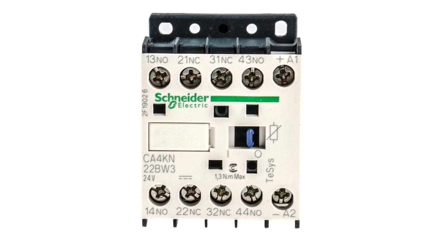 Contattore Schneider Electric CA4KN22BW3, 4 poli, 2 NO + 2 NC, 10 A, 690 V c.a., montaggio su piastra, dimensioni 58x45x57 mm.