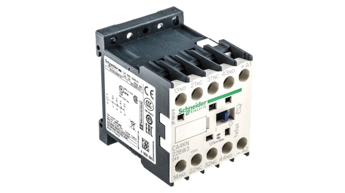 Contattore Schneider Electric CA4KN22BW3, 4 poli, 2 NO + 2 NC, 10 A, 690 V c.a., montaggio su piastra, dimensioni 58x45x57 mm.