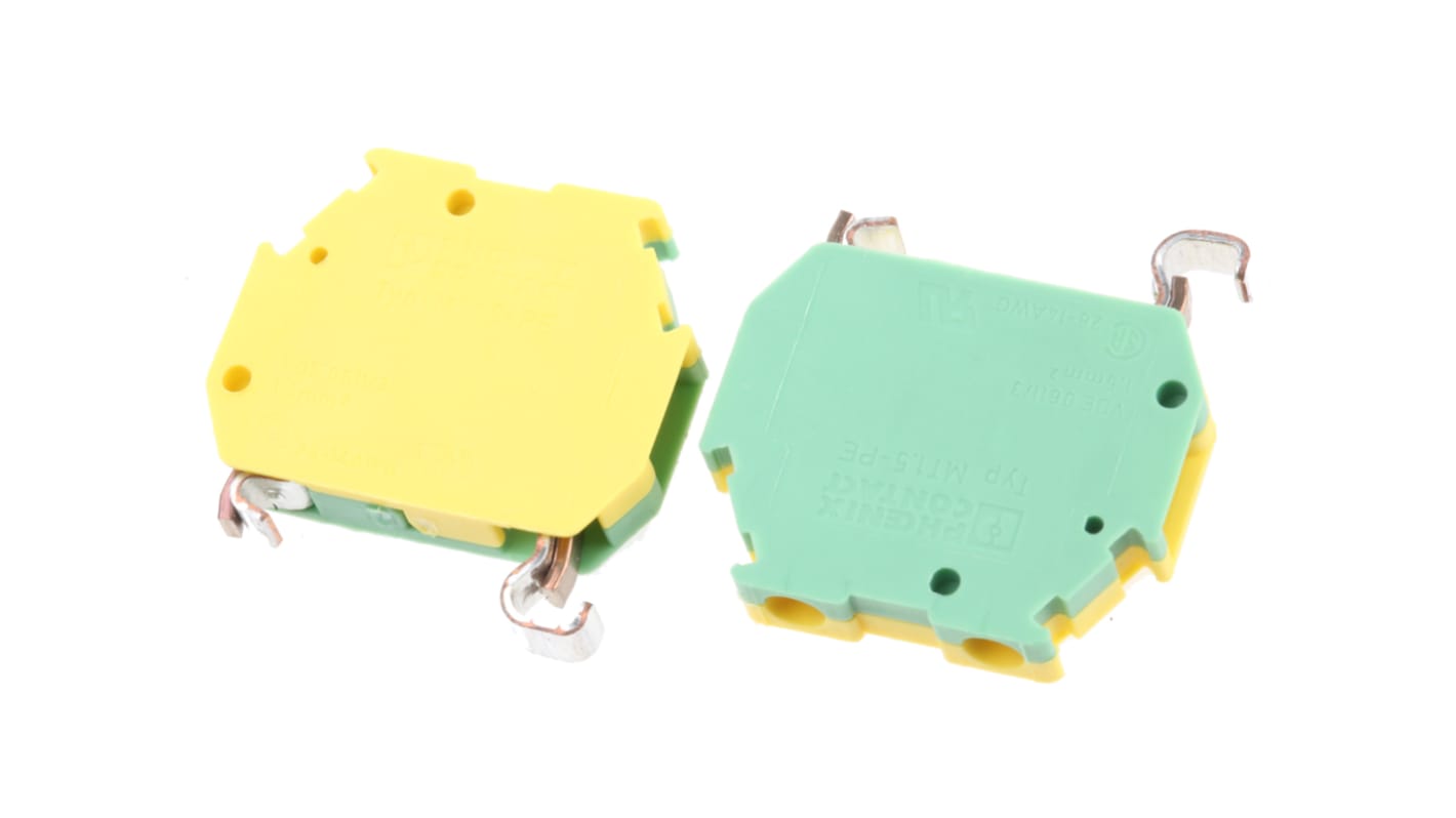 Morsettiera di terra 2 vie Phoenix Contact, tipo MT1.5-PE, dimensioni 22x4.2x23.5 mm, per montaggio su TS15.