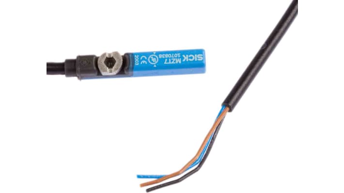 Sensore cilindrico Sick MZT7-03VPS-KW0, interruttore NA PNP, montaggio a pannello, dimensioni 32.2 x 5.7 x 5.8 mm, grado di protezione IP65/IP67.