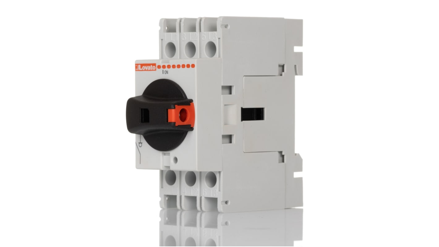 Interruttore di isolamento Lovato GA032A, 3 poli, 32 A, 690 V, grado di protezione IP65, montaggio posteriore, dimensioni 75x78x36 mm.