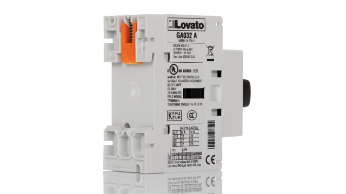 Interruttore di isolamento Lovato GA032A, 3 poli, 32 A, 690 V, grado di protezione IP65, montaggio posteriore, dimensioni 75x78x36 mm.